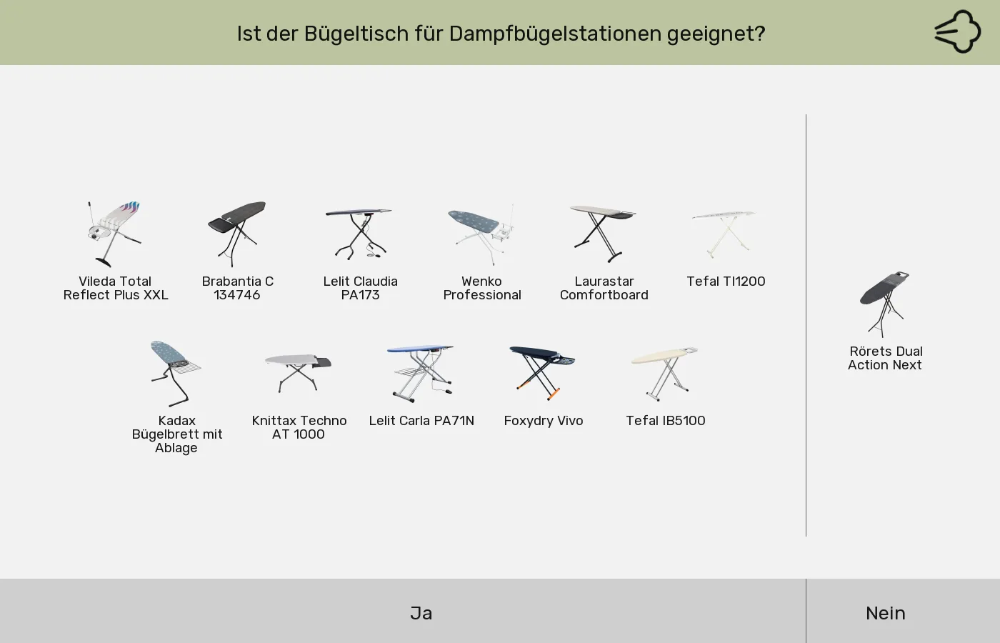 Bügelbretter nach Abstellfläche für Dampfbügelstation geeignet gruppiert Bügelbretter: Gruppen nach Abstellfläche für Dampfbügelstation geeignet