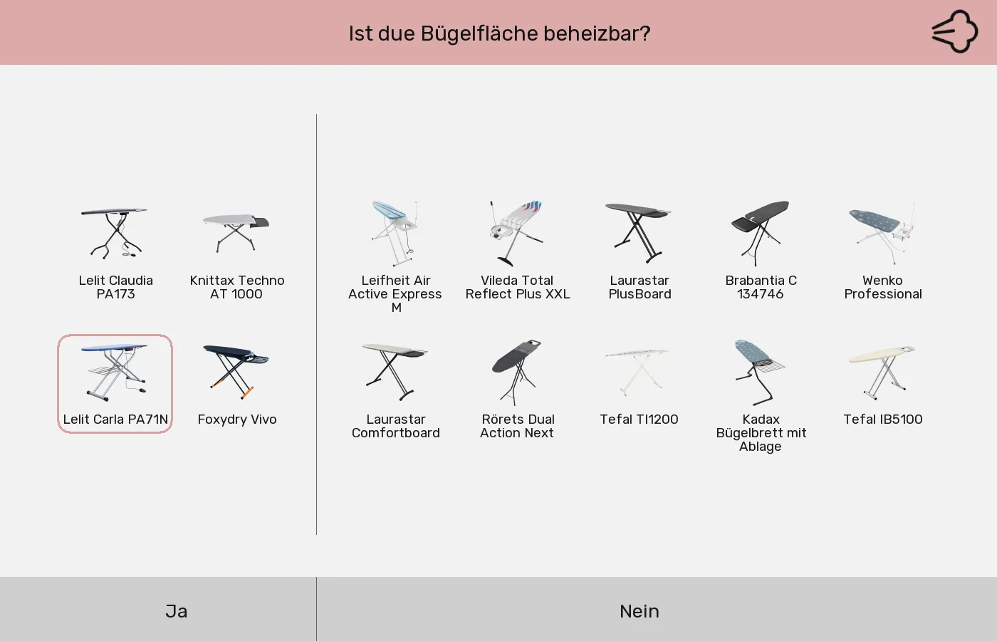 Bügelbretter: Gruppen nach Bügelfläche beheizbar