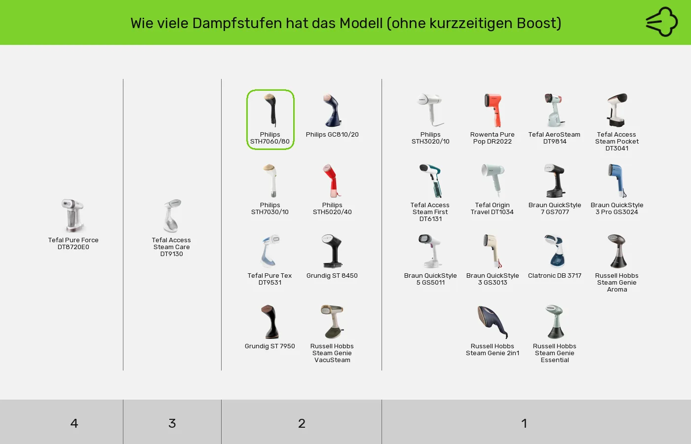 Dampfglätter: Gruppen nach Dampfstufen